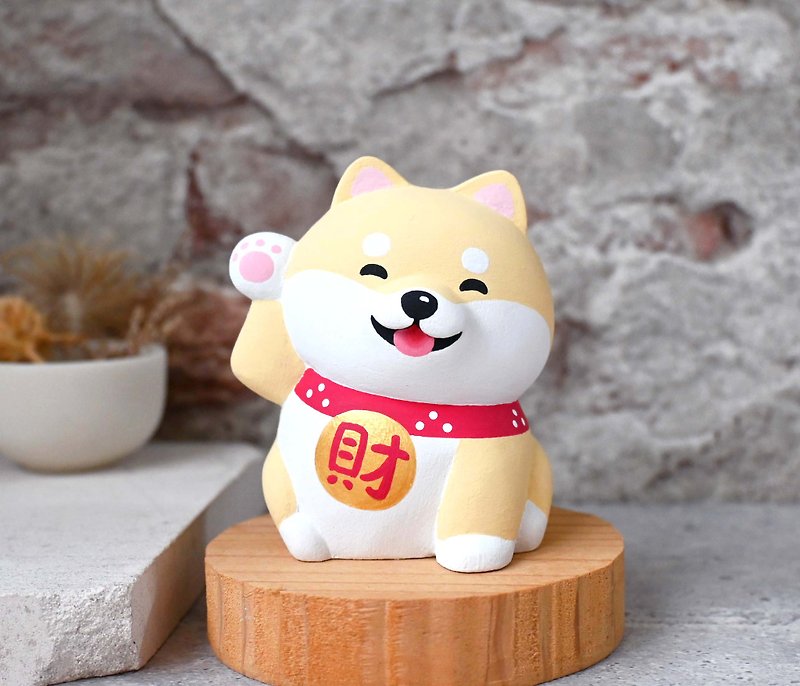 Gou Laifu Lucky Shiba Inu Business Card Holder Light Color Handmade Healing Decoration Pet Carving Small Wooden Carving Doll - Items for Display - Wood Khaki