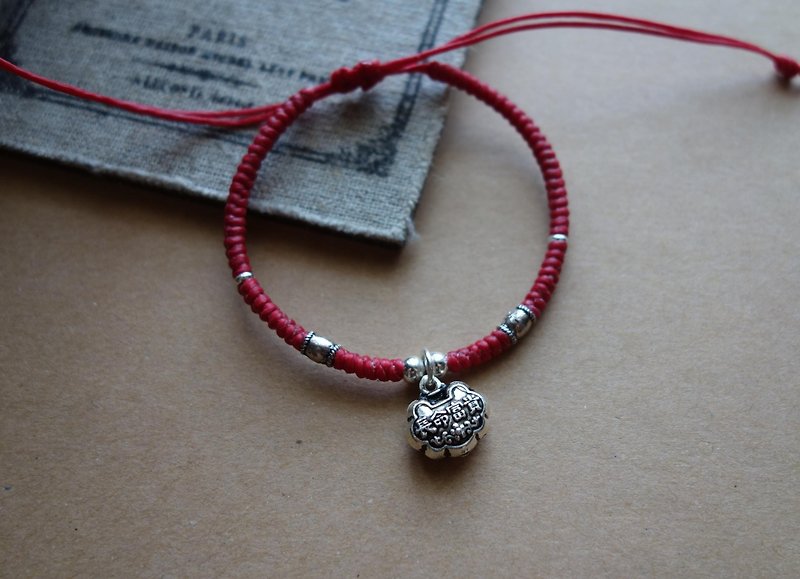 Long Life Rich Chinese Traditional Kids Bracelet 925 Sterling Silver Silk Wax Line Braided Bracelet - Bracelets - Other Metals Red