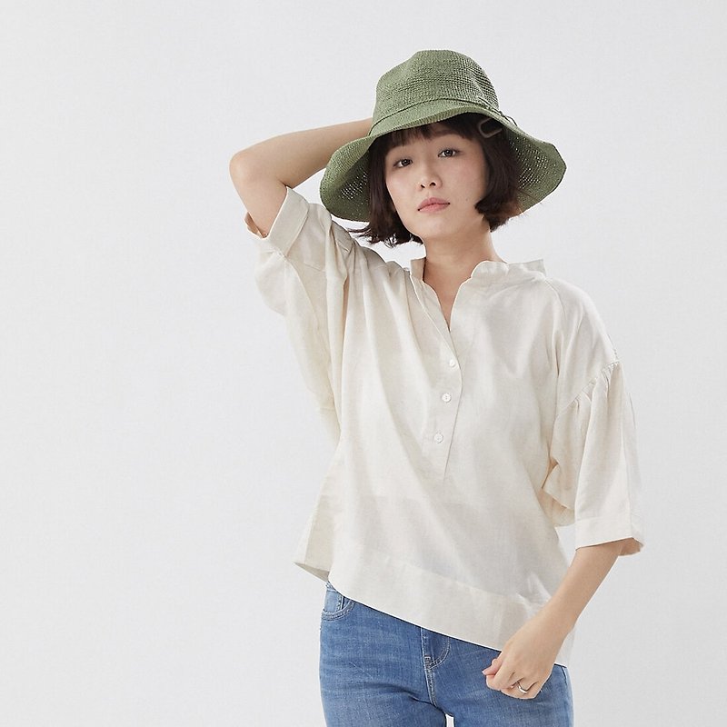 Helen Linen Cotton Wide Shirt Top Linen - เสื้อผู้หญิง - ผ้าฝ้าย/ผ้าลินิน สีกากี