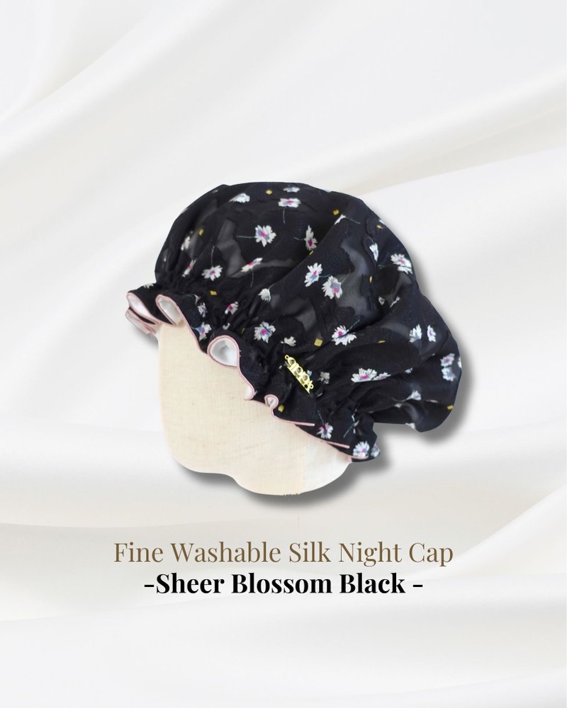 日本製洗えるシルクのナイトキャップ　Sheer Blossom Blackシアー・ブロッサム　生日禮物 リボン　パイピング 花柄 - 刮痧板/臉部按摩 - 絲．絹 粉紅色