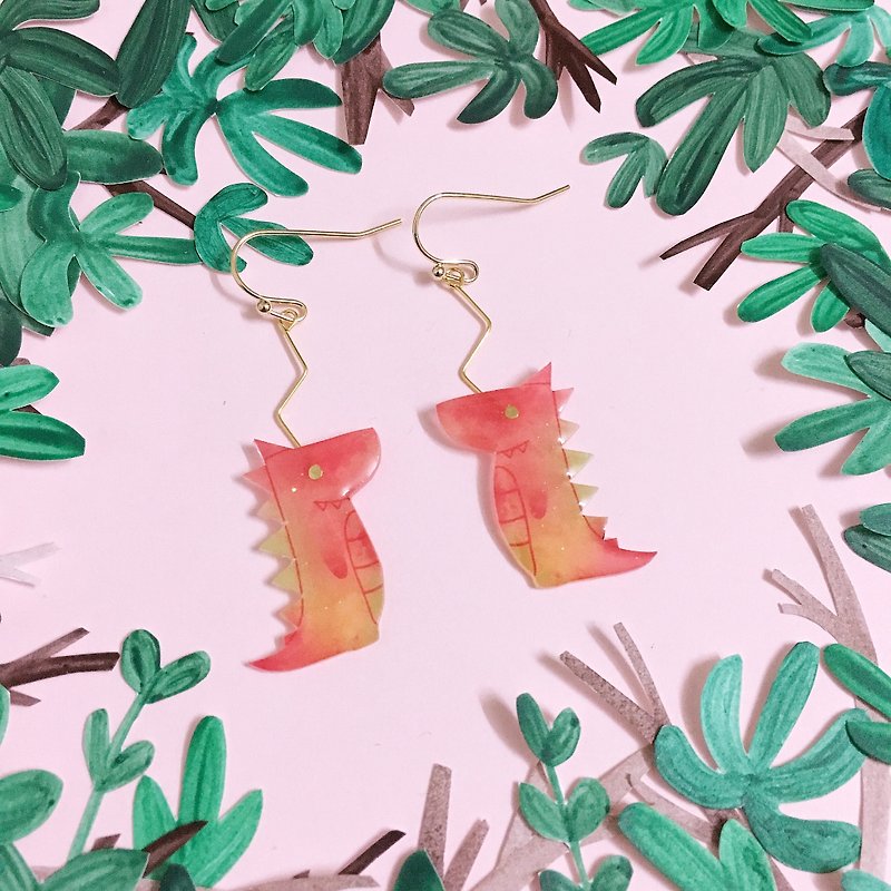 A pair of dinosaur and Flower Earrings - ต่างหู - เรซิน 