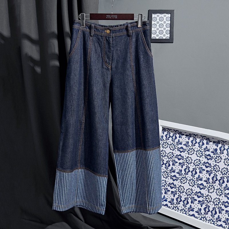 Stitched asymmetrical high-bottom stripes stitching denim long wide pants - Women's Pants - Cotton & Hemp Blue