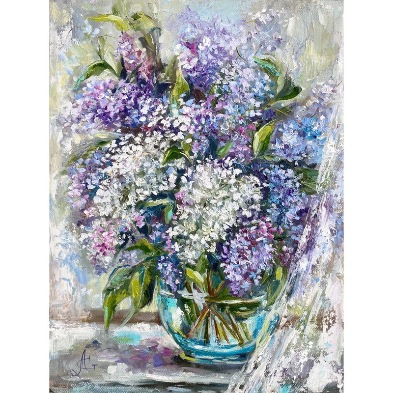Lilac painting Flowers oil original artwork Lilac bouquet on canvas - 壁貼/牆壁裝飾 - 其他材質 多色