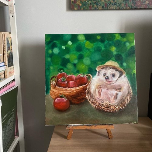 ハリネズミの油絵、キャンバスにオリジナルの絵画、ハリネズミの恋人の