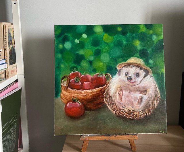 ハリネズミ　油彩画　原画 水彩画 可愛いハリネズミ 絵画 makochin 通販 17320409｜Creema(クリーマ)