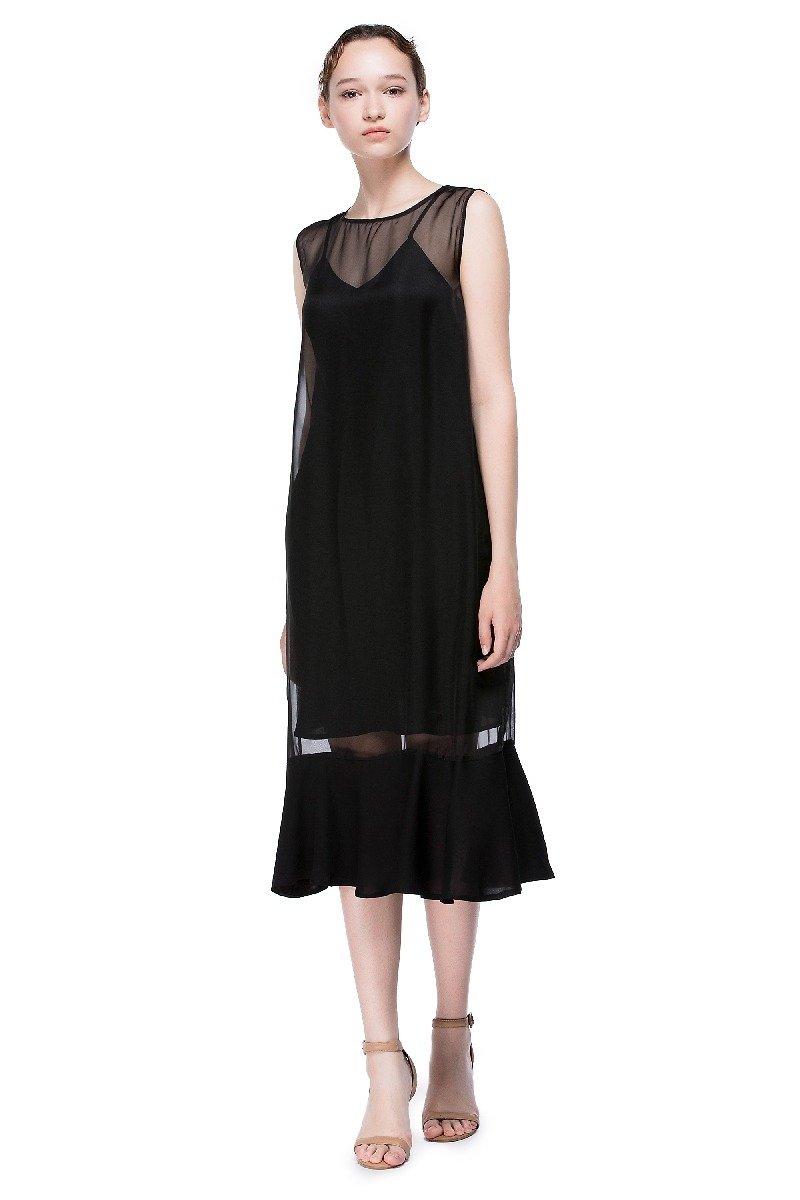 Nightfall Round Neck Flounced Dress - กระโปรง - เส้นใยสังเคราะห์ สีดำ