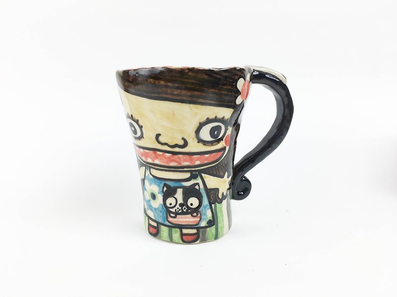 Nice Little Clay hand bell cup _ girls and cats 120326 - Mugs - Pottery Multicolor