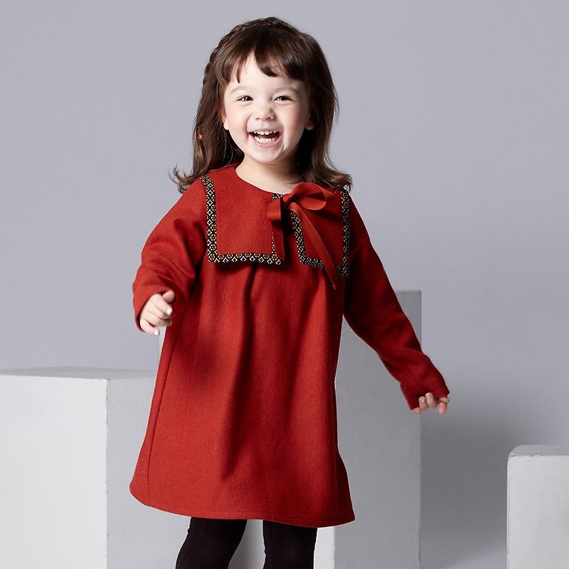 Ángeles-印花配色大方領毛料洋裝 (2-6歲) - 其他 - 羊毛 紅色