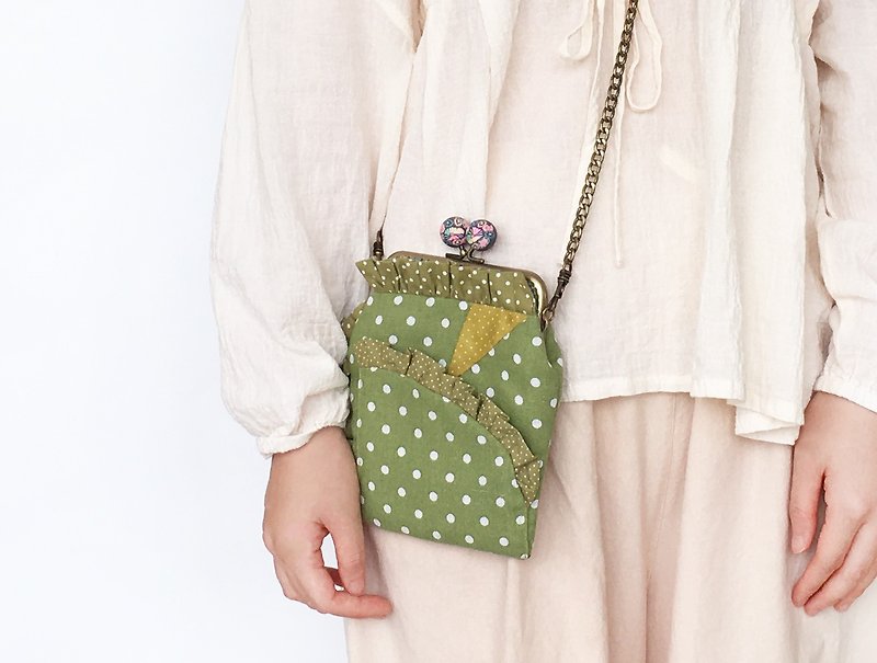 Green Dot Matcha Mobile Phone Change Kiss Lock Gold Bag Crossbody Bag Side Backpack Shoulder Bag - Messenger Bags & Sling Bags - Cotton & Hemp Green