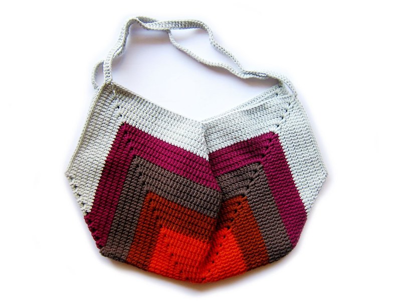 Gradation Series / Sunset Tote Bag Bag 100% Cotton Yarn Hand Crochet Red - Messenger Bags & Sling Bags - Cotton & Hemp Red