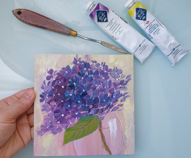 あじさい絵画花オリジナルアート静物壁アート小さな油絵
