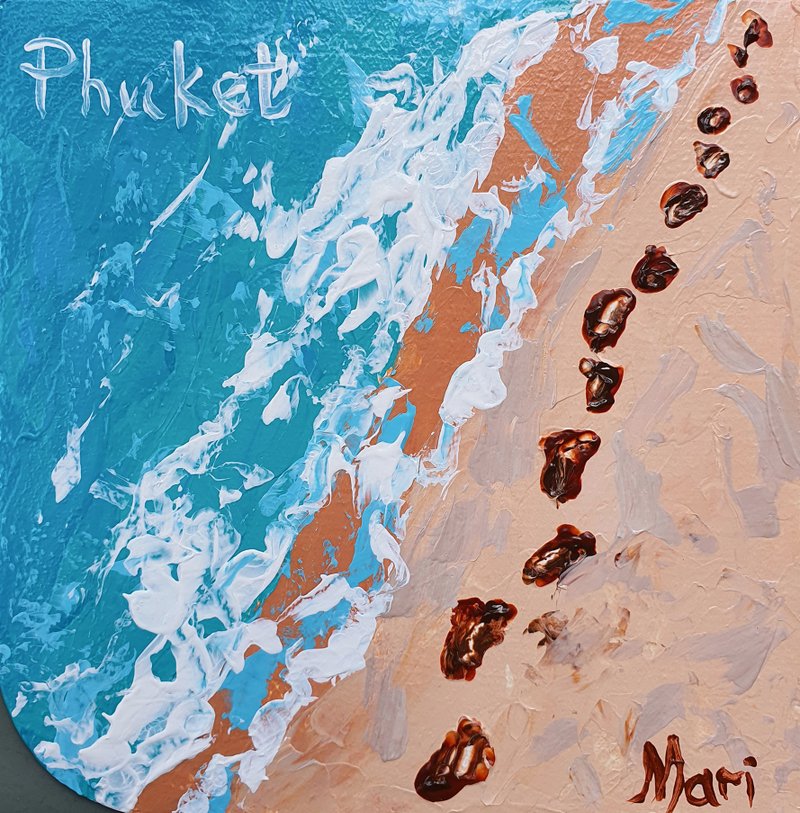 Beach Painting Footprints Sand Original Art Seascape Holidays Barefoot Wave Sea - 海報/掛畫/掛布 - 其他材質 藍色