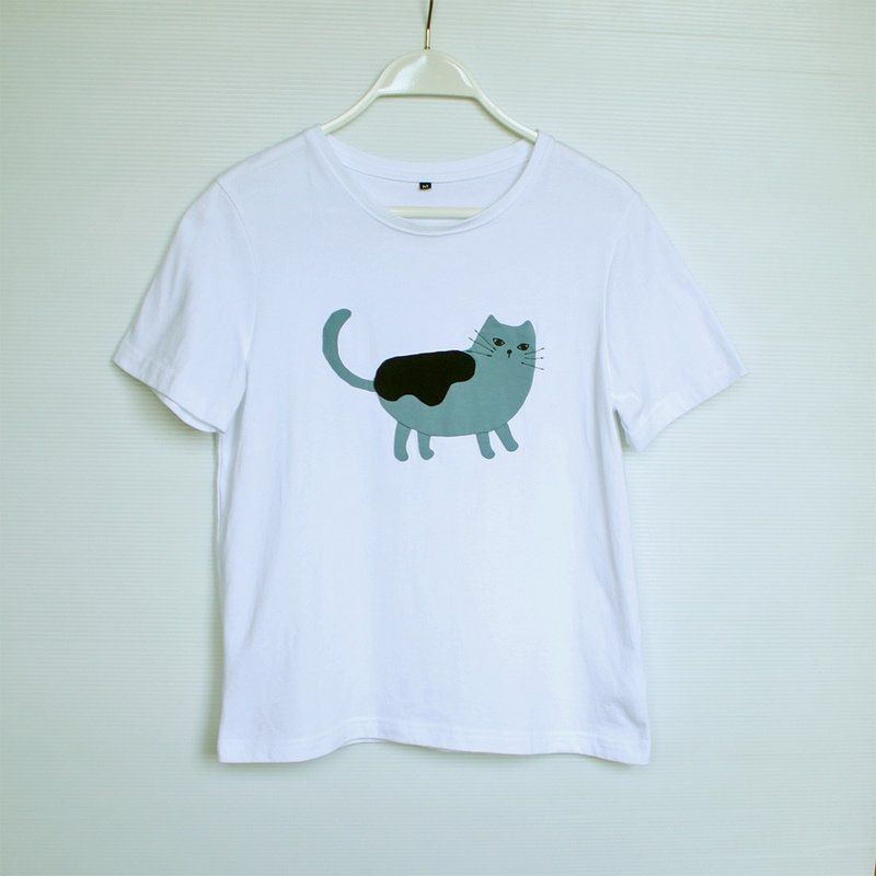 拼布貓咪微寬鬆短版短袖T-shirtNo.2 - 女 T 恤 - 棉．麻 白色