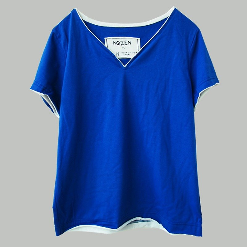 ブルーのコットン半袖VネックTシャツ -  [飾ら]独立したデザイナー - Tシャツ - コットン・麻 