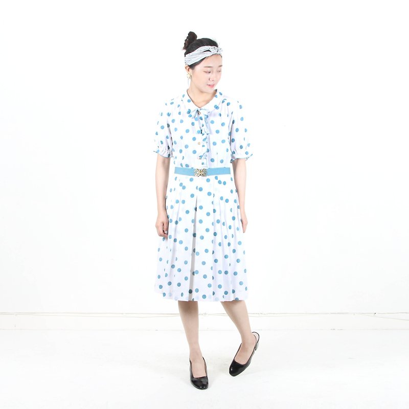 [Egg Plant Vintage] Mint Water Jade Printing Short Sleeve Vintage Dress - One Piece Dresses - Polyester White
