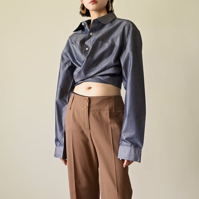 【NaSuBi Vintage】Upcycling短版綁帶古著襯衫 - 女襯衫 - 其他人造纖維 