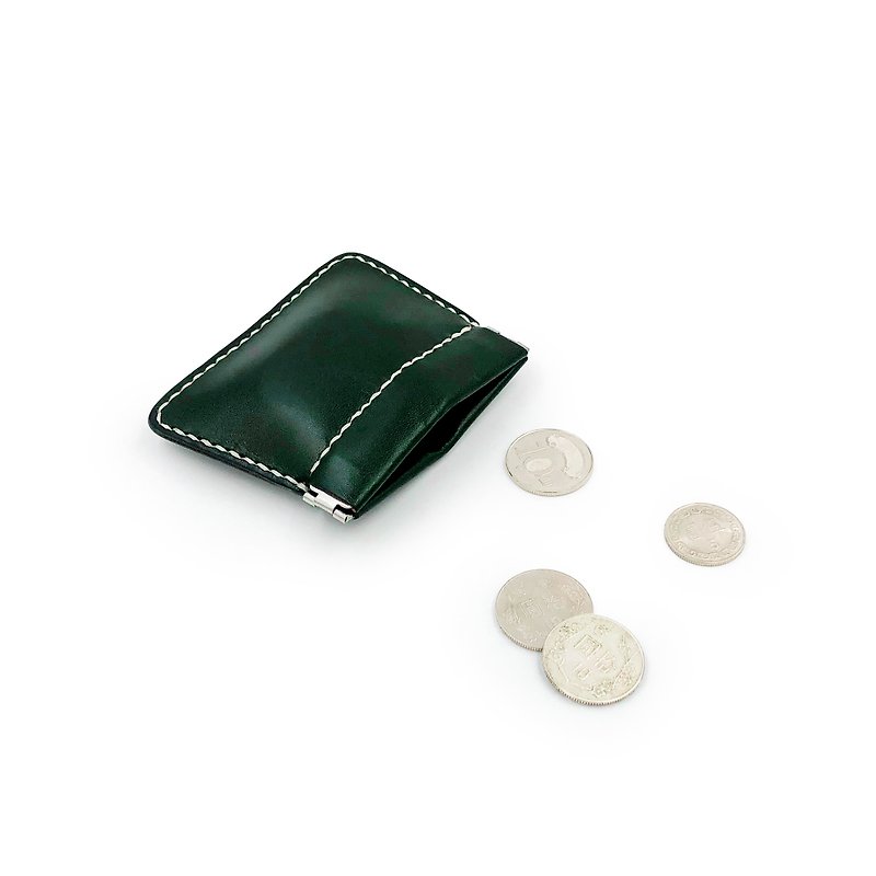 真皮 零錢包/小錢包 綠色 - 手工植鞣皮革-口金彈片包
