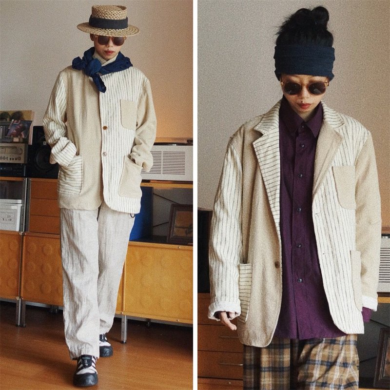 Striped Khaki Primary Color Stitching Neutral Classic Suit Jacket Pimple Tussock Silk - เสื้อสูท/เสื้อคลุมยาว - ผ้าไหม สีกากี