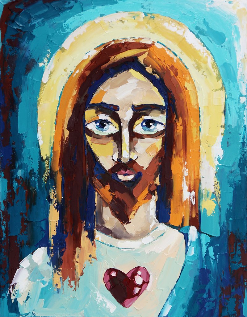 Jesus Painting Catholic Original Art Christian Wall Art Oil 28by36cm - 海報/掛畫/掛布 - 其他材質 藍色