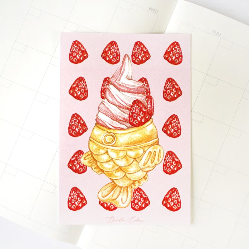 【鯛魚燒士多啤梨雪糕】 鯛魚燒草莓雪糕 加厚啞光紙 明信片 - 卡片/明信片 - 紙 粉紅色