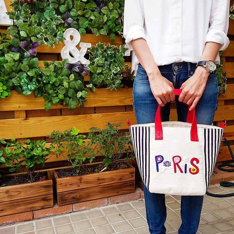パリの手刺繍が施されたマルチコンパートメント ポケット トートバッグ - Huadu Paris Embroidered Tote - ショルダーバッグ - コットン・麻 多色