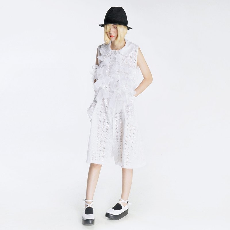 Through White Lace Bow Dress Dress Shirt - imakokoni - Women's Tops - Cotton & Hemp White