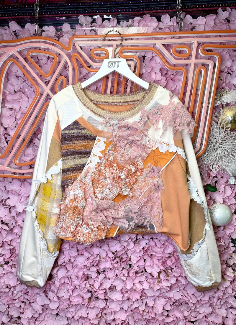 OTT獨一無二•Unique日系粉橙粉紅色重工拼接立體刺繡蕾絲上衣 - 女毛衣/針織衫 - 棉．麻 橘色