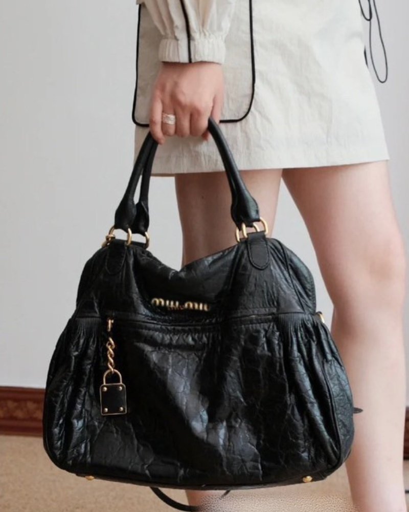 Miu Miu Vintage小羊皮 2Way 手提肩背包2025 Oversized 回歸 - 側背包/斜背包 - 真皮 黑色