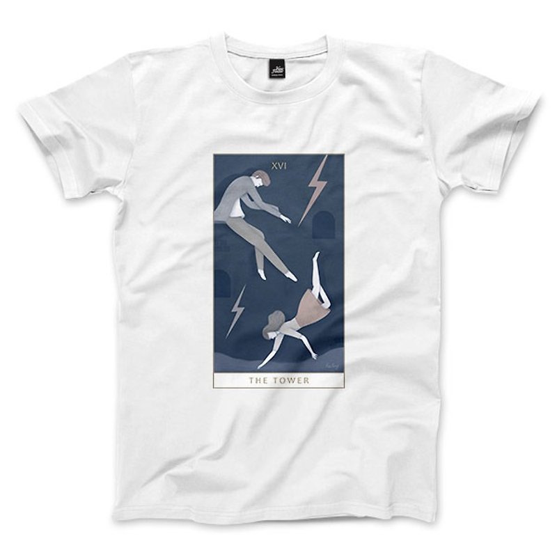 XVI | The Tower-White-Unisex T-shirt - เสื้อยืดผู้ชาย - ผ้าฝ้าย/ผ้าลินิน ขาว