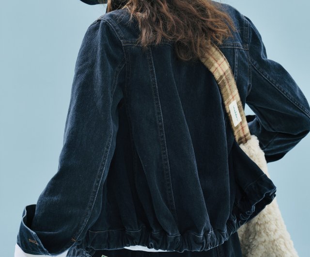 レトロなダークブルーデニムジャケット / 襟付き カジュアル