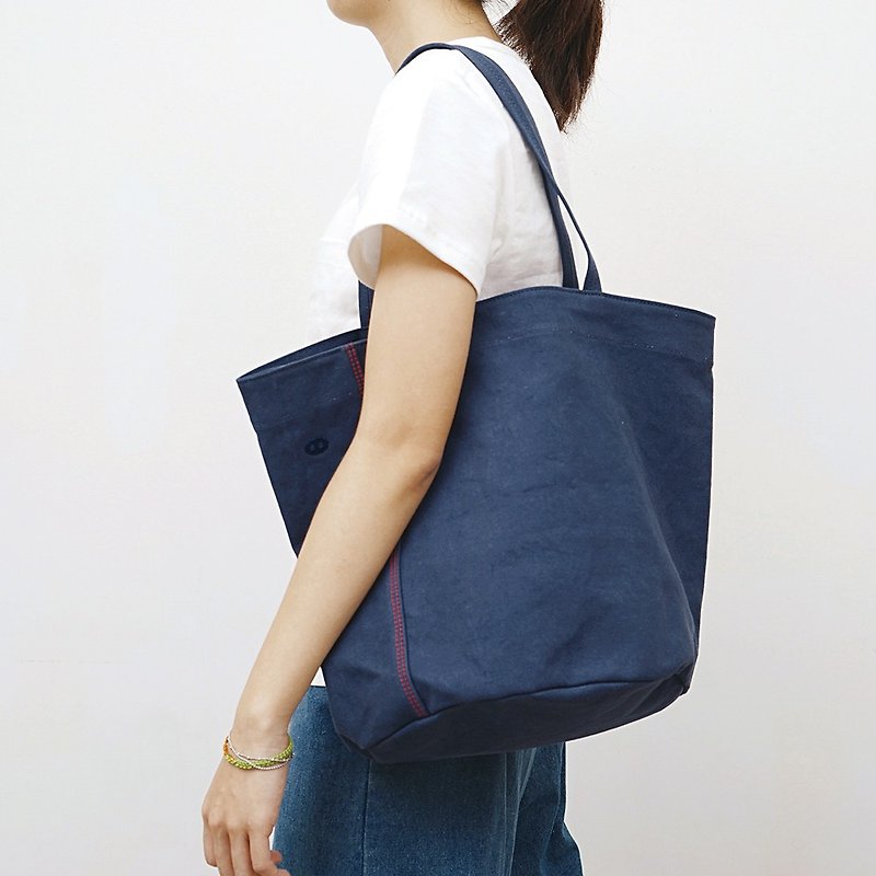 MOGU/Canvas Shoulder Tote Bag/Deep Sea Blue/Little Cam - กระเป๋าแมสเซนเจอร์ - ผ้าฝ้าย/ผ้าลินิน สีน้ำเงิน