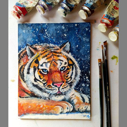 虎の絵雪オリジナルアートアクリル冬の風景アートポートレート