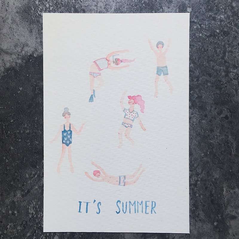 夏の水彩画の手塗りカード - カード・はがき - 紙 ブルー