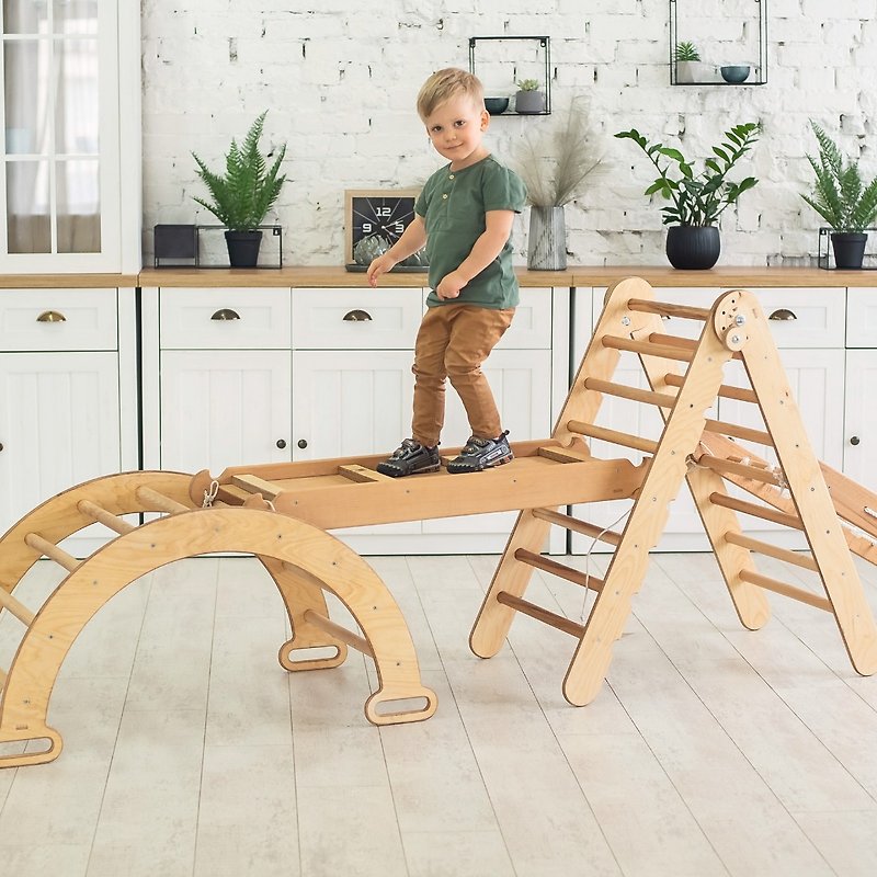 幼兒蒙特梭利攀爬遊樂場 - 室內教育套裝 4 合 1 - 兒童家具 - 木頭 咖啡色