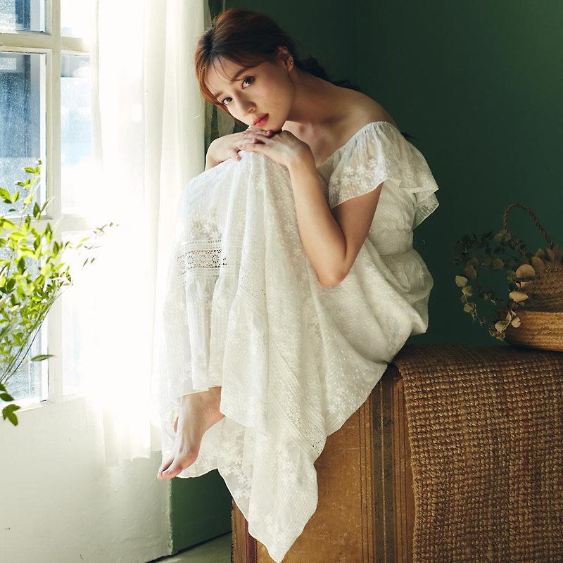 (客製化)T-Lily莉莉波西米亞繡花洋裝 - 洋裝/連身裙 - 聚酯纖維 白色