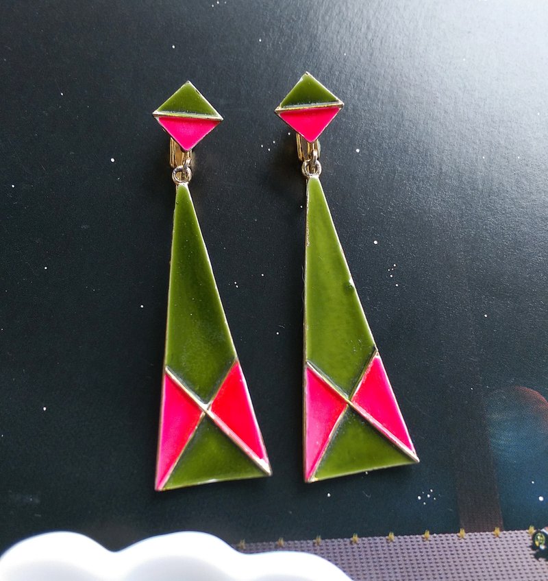 【西洋古董飾品 】普普 幾何 拼接 長三角 垂墜 夾式耳環 - 耳環/耳夾/耳骨夾 - 其他材質 金色