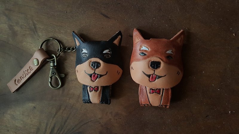 Cute Shiba Inu Dog Pure Leather Key - Engraved Name - ที่ห้อยกุญแจ - หนังแท้ สีนำ้ตาล