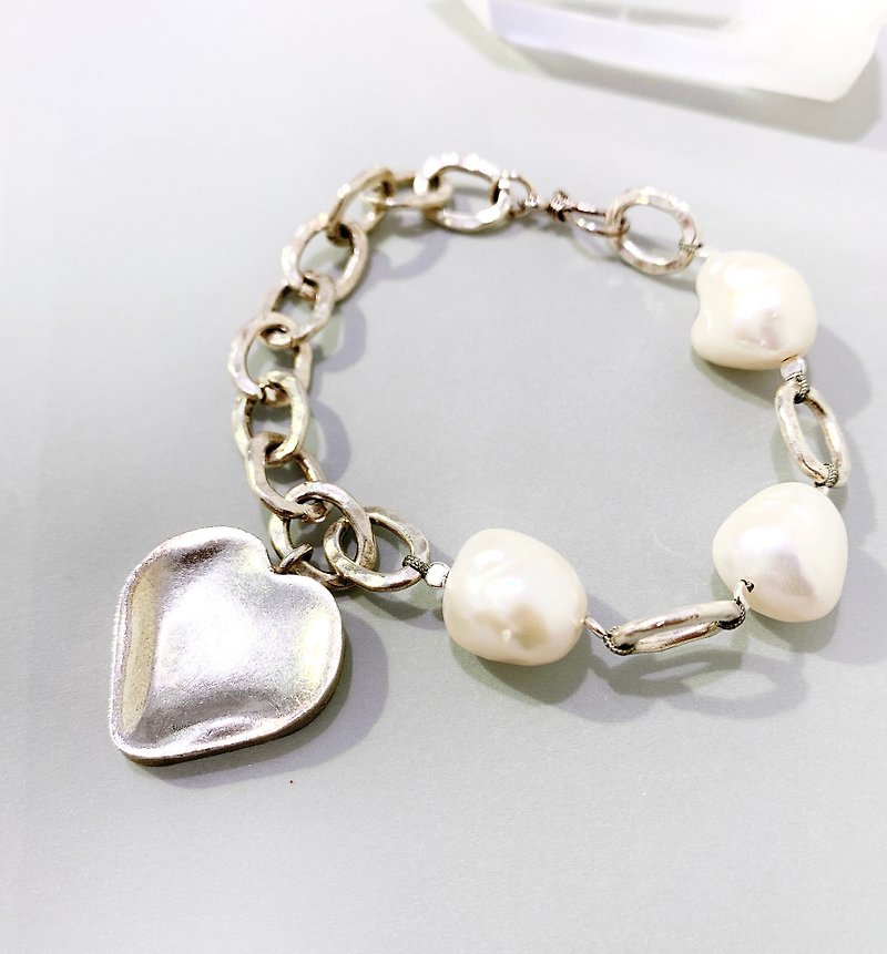 Ops Pearl Silver handmade design unique elegant gift jewelry bracelet - Bracelets - Silver Silver