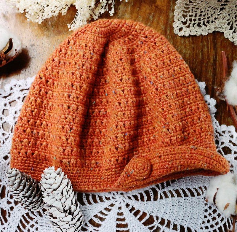 手作-小小帽簷棒球帽-貝蕾帽-毛線毛帽 - 帽子 - 羊毛 橘色