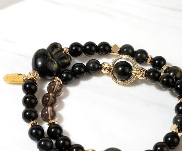 残留] 天慶燕玉茶水晶黒曜石ゴールド石ブレスレット - ショップ