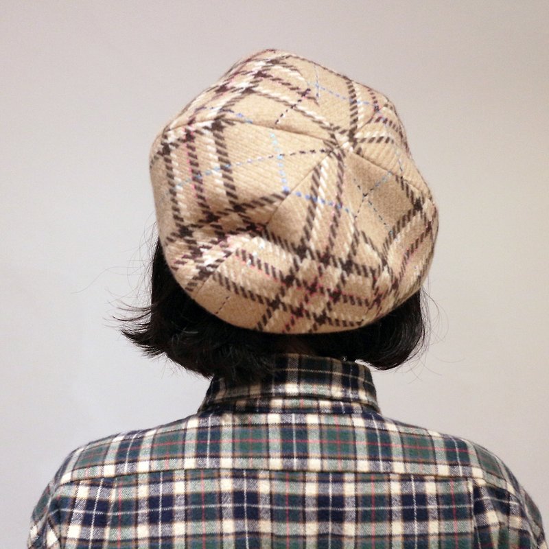 JOJA│ [Limited] mocha gradient lines Plaid beret / SM adjustable / beret / painter cap - Hats & Caps - Cotton & Hemp Khaki