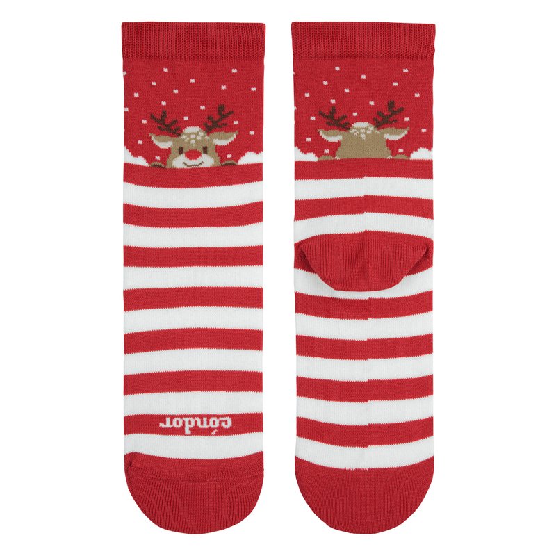 Reindeer Christmas socks - ถุงเท้า - ผ้าฝ้าย/ผ้าลินิน สีแดง