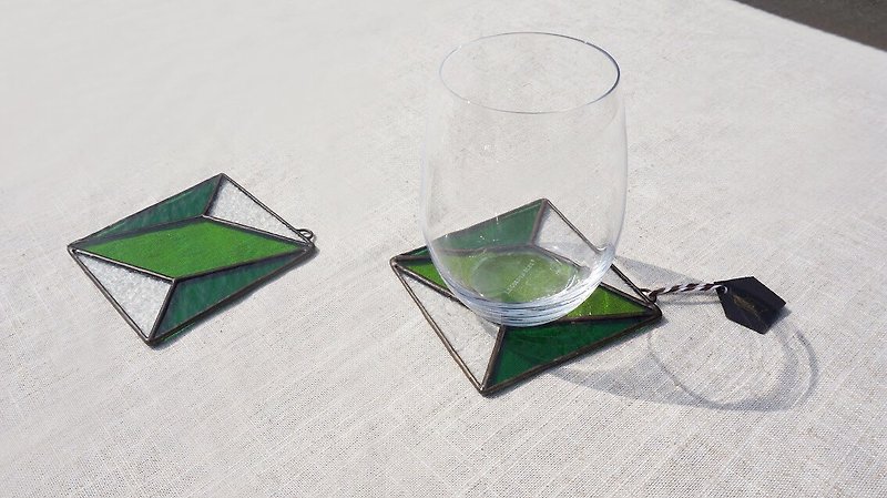 Positive and negative space-four-corner green coaster storage mat hanging glass inlay - Coasters - Glass Green