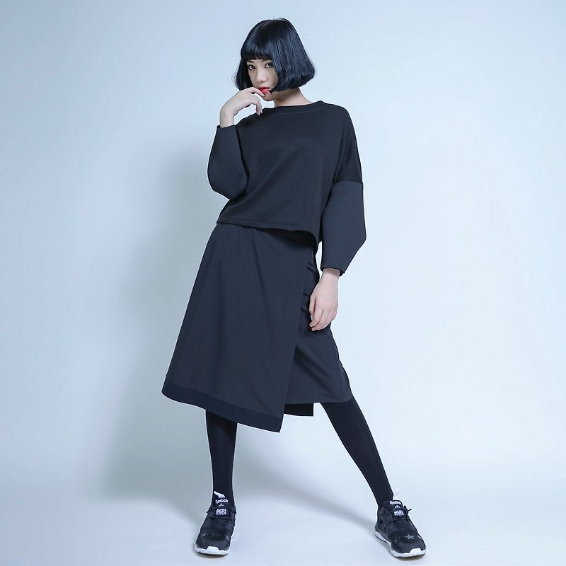 Idealism 唯心雙層剪裁造型裙_7SF150_黑 - 裙子/長裙 - 棉．麻 黑色