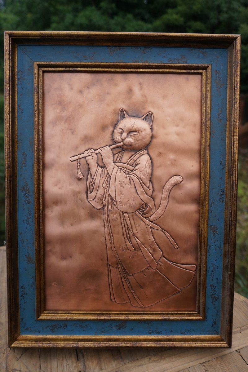 銅浮雕知音貓吹簫貓家居咖啡廳擺件掛畫 - 擺飾/家飾品 - 其他金屬 