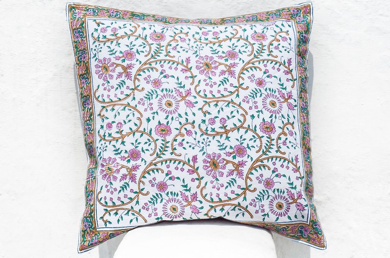 Handmade wood engraved pillowcases cotton pillowcases hand-printed pillowcases - French pink desert flowers - Pillows & Cushions - Cotton & Hemp Multicolor