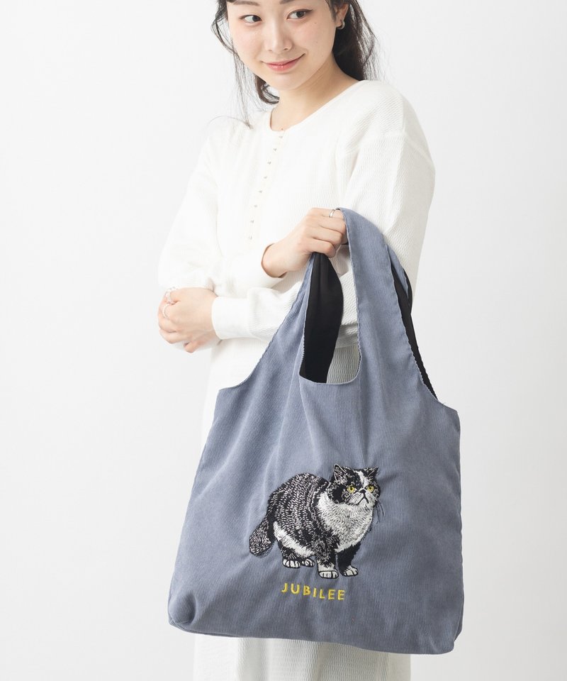 Jubilee Animal Embroidery Corduroy Tote Bag Cat Lavender - กระเป๋าแมสเซนเจอร์ - เส้นใยสังเคราะห์ สีม่วง