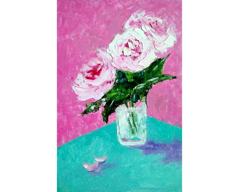 Original Oil Painting Bouquet of Peonies, Floral Still Life, Flower Wall Art - 海報/掛畫/掛布 - 其他材質 多色