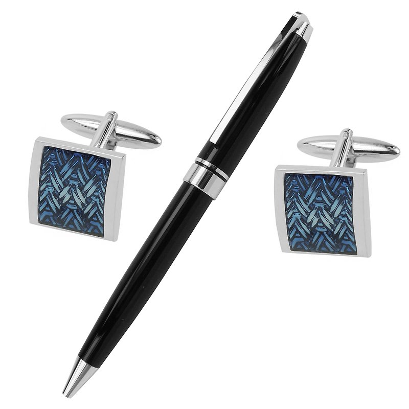 Blue Enamel Woven Cufflinks and Pen Set - Cuff Links - Other Metals Blue
