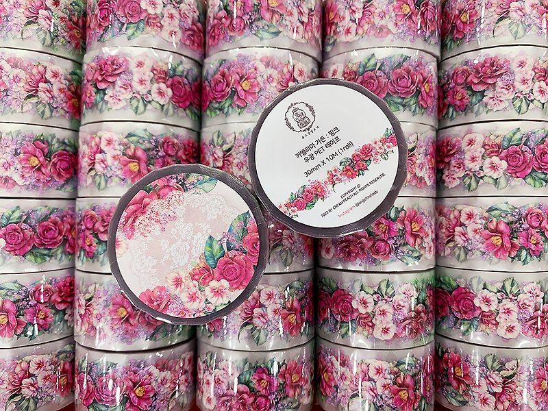 Camellia Garden Pink PET tape - 紙膠帶 - 紙 
